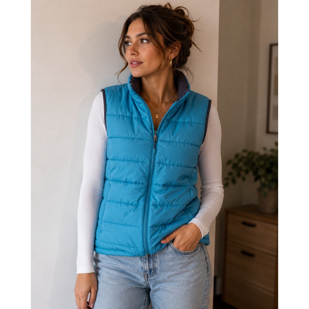 Tangerine Women Teal Blue Puffer Vest Quilted Full Zip Mock Neck XL